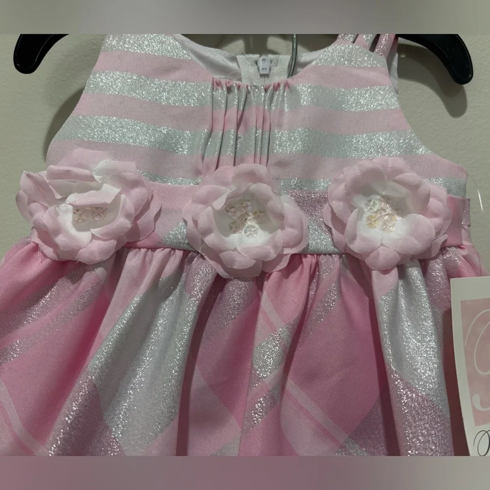 NWT Bonnie Baby Tafetta Empire Metallic Pink Plaid Dress & Bloomers, 6-9 Months